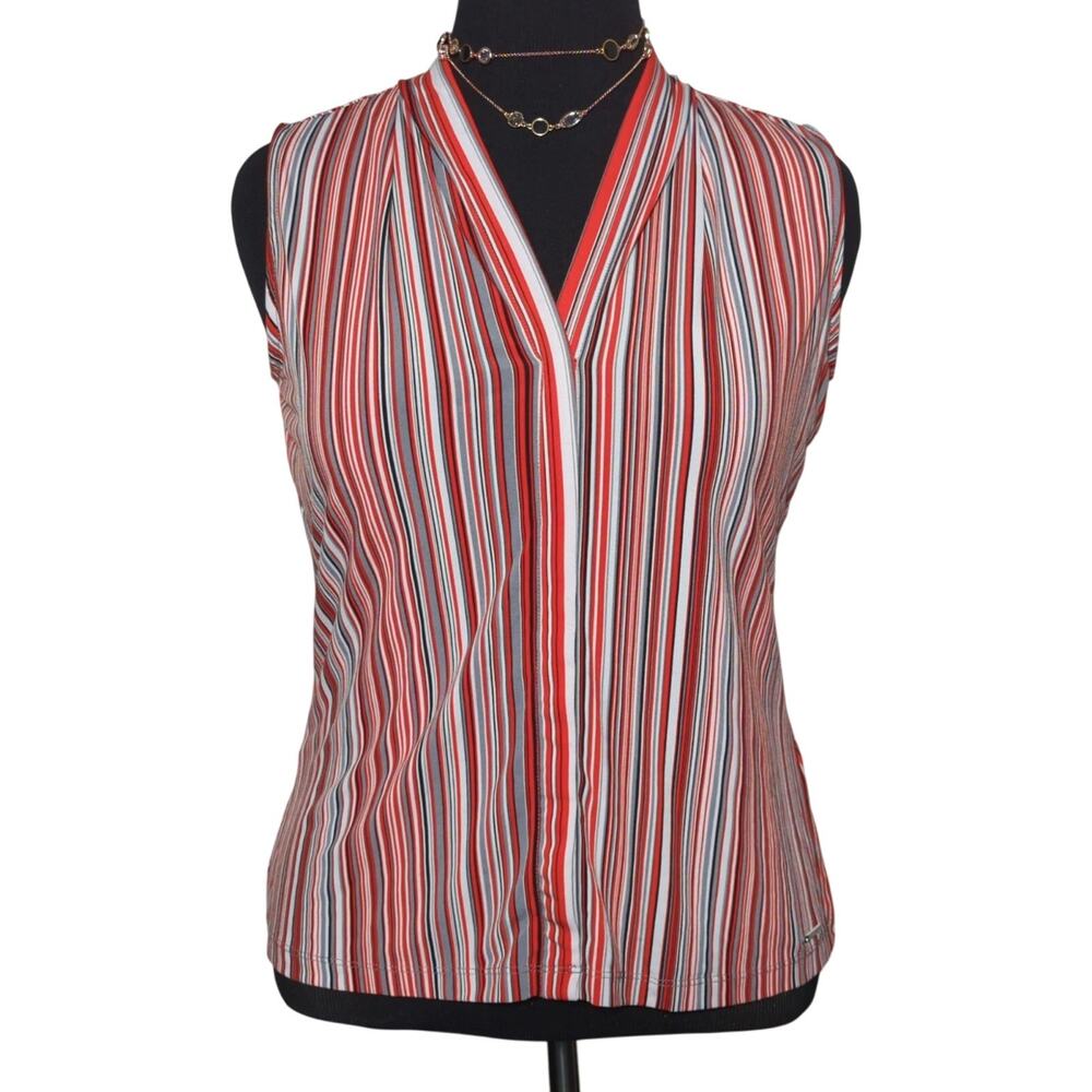 Calvin Klein Red Stripe Sleeveless Blouse V Neck Stretch Top Women M